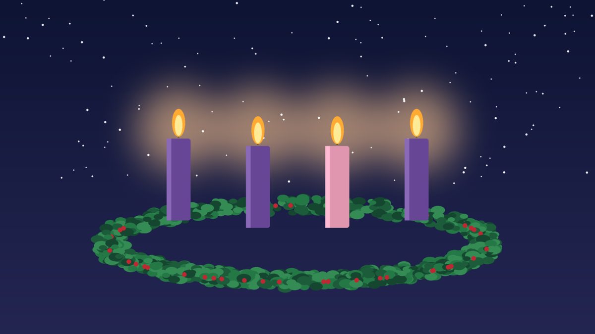 Illustration of an Advent wreath with three violet candles and one rose candle burning against a deep blue night sky