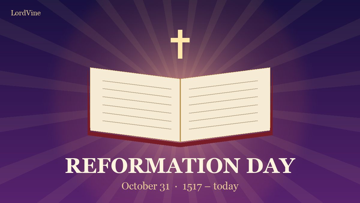 Illustration of an open Bible with a golden cross and rays of light on a deep violet background, with the words Reformation Day October 31